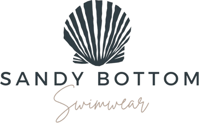 Logo for Sandy Bottom Swimwear features a stylized seashell above the brand name in uppercase letters, with Swimwear in a script font below.