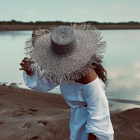 Person wearing a wide brim oversized toquilla straw hat on a beach with water in the background
